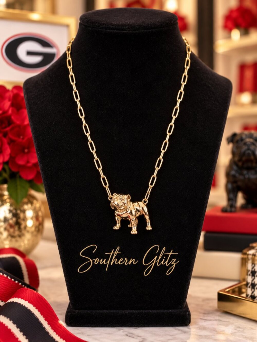 Gold Bulldog Necklace, Bulldog Pendant Necklace, Gold Paperclip Chain Necklace,